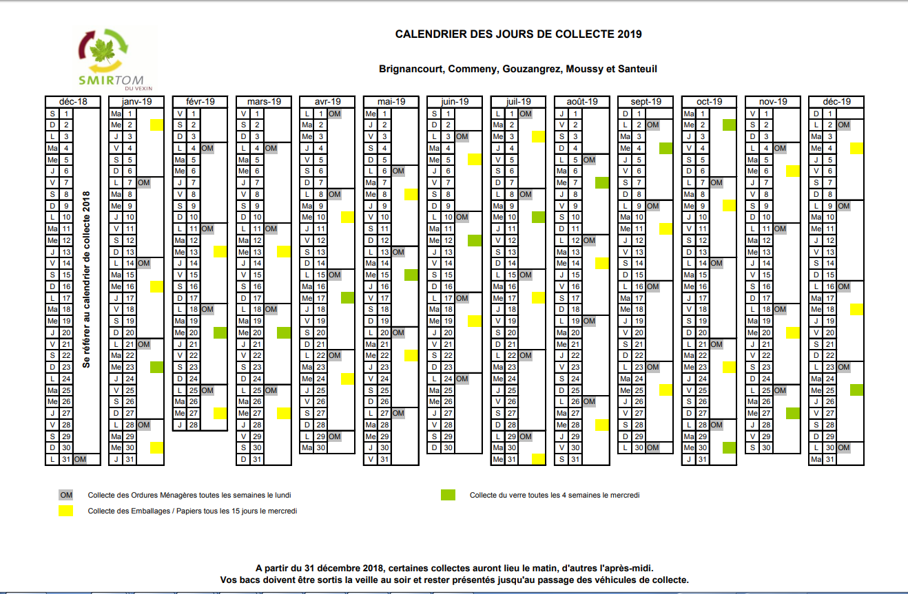 calendrier smirtom 2019
